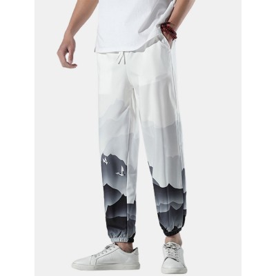 Mens Casual Landscape Print Drawstring Loose Pants