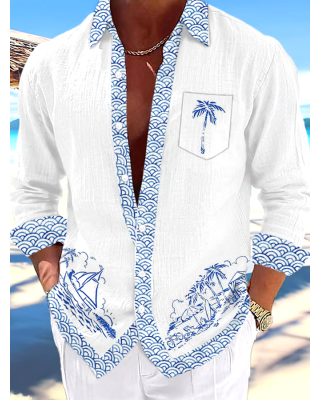 Men's Artistic Vacation Printed Long Sleeve Shirt (With Pockets)