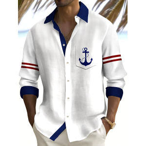 Men's Vintage Anchor Print Vacation Shirt (With Pockets)