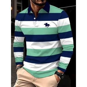 Men's Retro Business Stripe Print Long Sleeve Polo Shirt