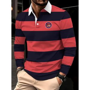 Men's Retro Business Stripe Print Long Sleeve Polo Shirt