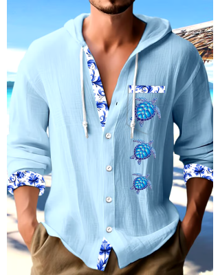 Men's Beach Vacation Turtle Print Long Sleeve Hooded Shirt (With Pockets)