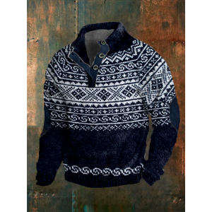 Men's Retro Ethnic Style Print Button Stand Collar Sweatshirt