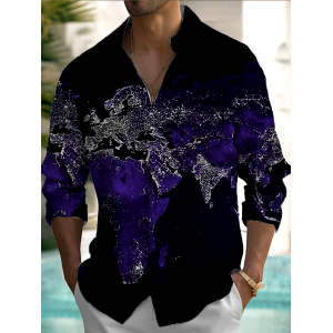 Men's World Map Print Pocket Long Sleeve Shirt