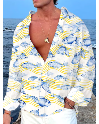 Men's Artistic Fish Printed Casual Resort Shirt
