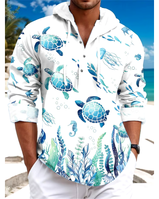 Men's Beach Vacation Turtle Print Long Sleeve Hooded Pullover Shirt